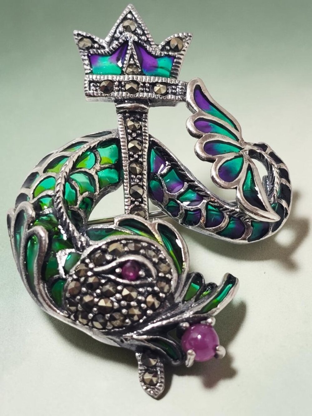 925 Brooch Pendant Plique-à-Jour Enamel DRAGON Marcasite and Ruby Eyes - Picture 2 of 8